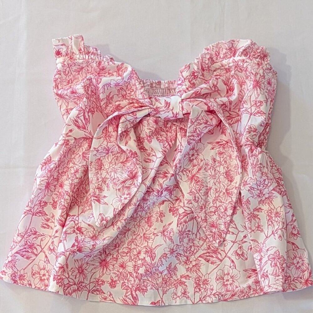 Pink Floral Bow Strapless Babydoll Top XS  Peplum Cottagecore Coquette